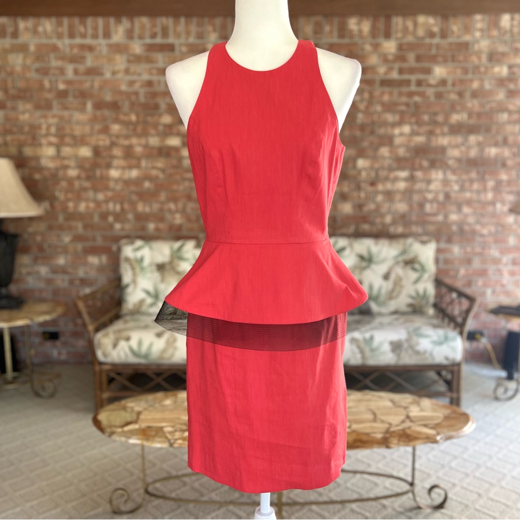 Artelier Nicole Miller Dress Red Coral Peplum Mesh Trim Sleeveless 6 Cocktail